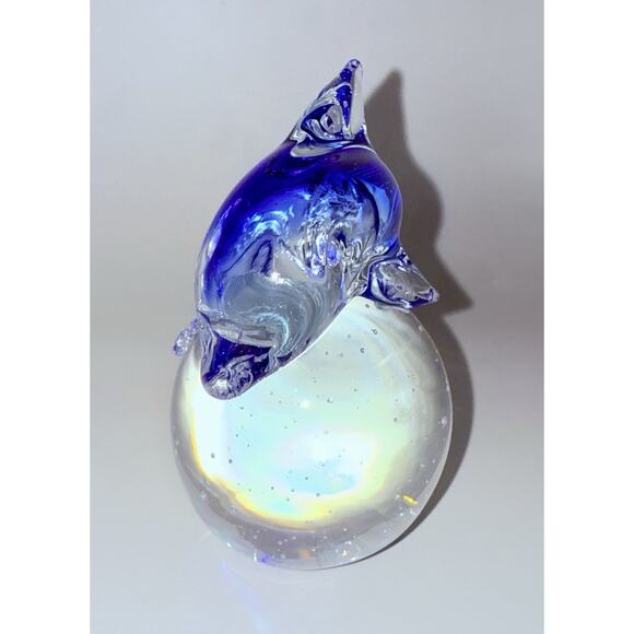 Art Glass Dolphin Paperweight Cobalt Blue On Globe Ball Controlled Bubbles - Picture 7 of 11